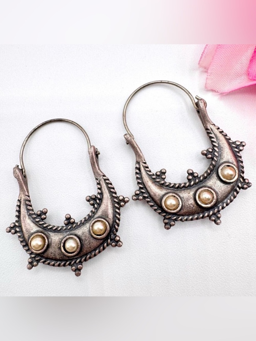 Bohemian Tribal Ethnic Vintage-Style Crescent Hoop Earrings Faux Pearls Patina
